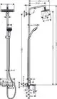 Hansgrohe Duschsystem mit Handbrause und Kopfbrause, Thermostat zur Steuerung der Wassertemperatur, Montageanleitung und technische Maße sind im Bild dargestellt.